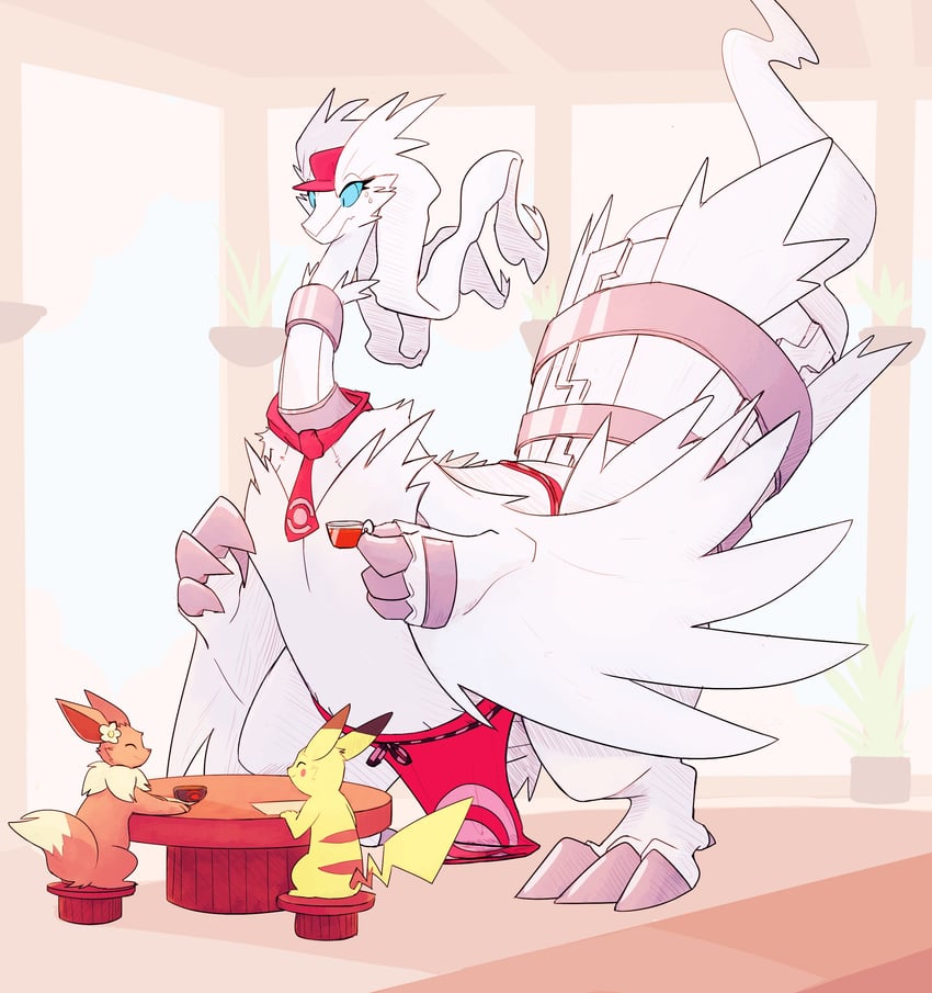 pikachu, eevee, and reshiram (pokemon and 1 more) drawn by frozenquills