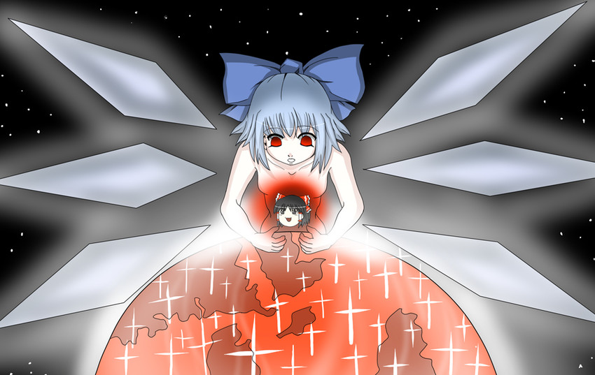 hakurei reimu, cirno, and lilith (touhou and 2 more) drawn by yayo_(yakuyoru)