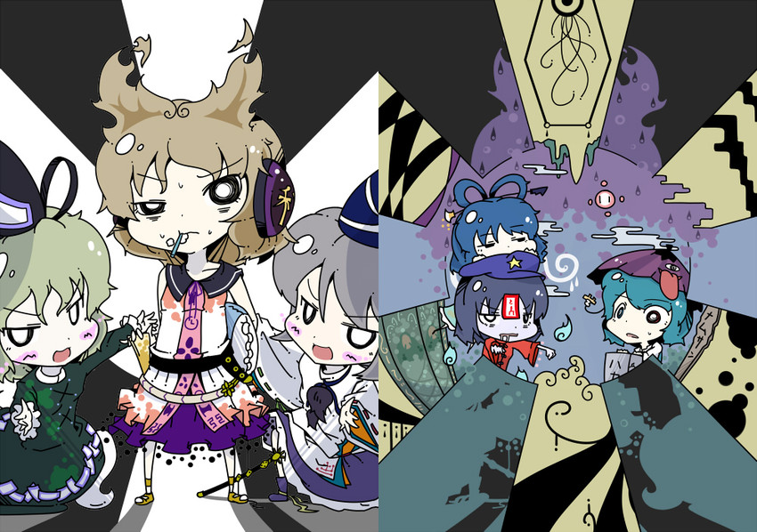 tatara kogasa, toyosatomimi no miko, mononobe no futo, kaku seiga, miyako yoshika, and 1 more (touhou) drawn by koohee