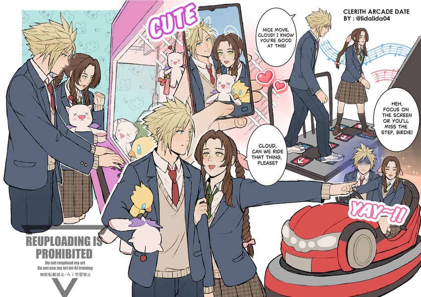 cloud strife, aerith gainsborough, and moogle (final fantasy and 3 more) drawn by lida_(lidalida04)