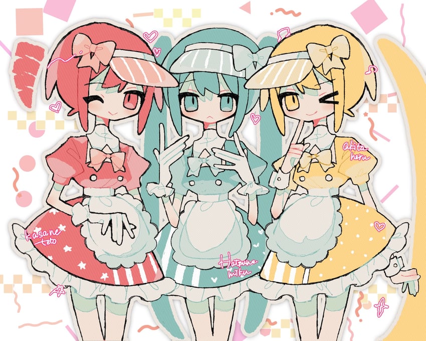 hatsune miku, kasane teto, and akita neru (vocaloid and 2 more) drawn by okashira_moppu