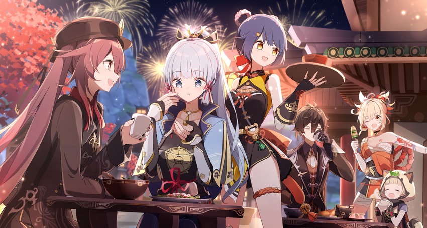 hu tao, zhongli, kamisato ayaka, yoimiya, xiangling, and 1 more (genshin impact) drawn by a.a_(aa772)
