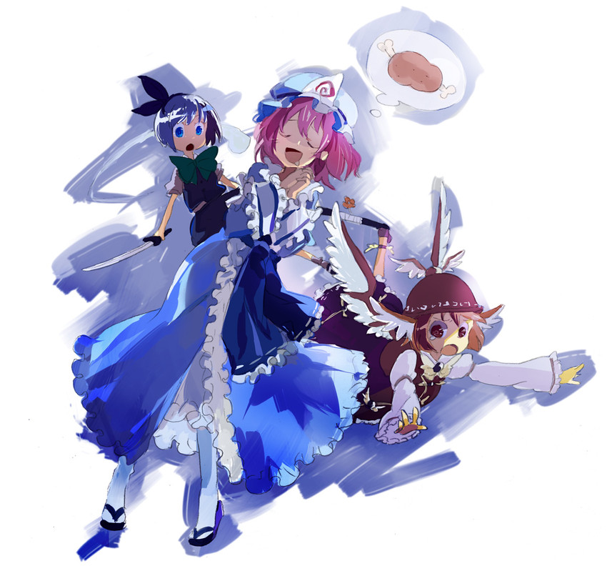 konpaku youmu, saigyouji yuyuko, and mystia lorelei (touhou) drawn by kazune_(baumkuchen) and mokeo