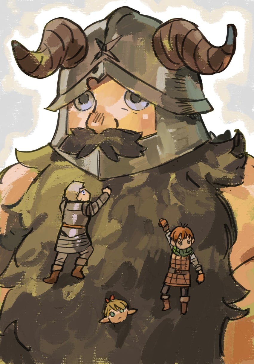marcille donato, laios touden, senshi, and chilchuck tims (dungeon meshi) drawn by haxinssy