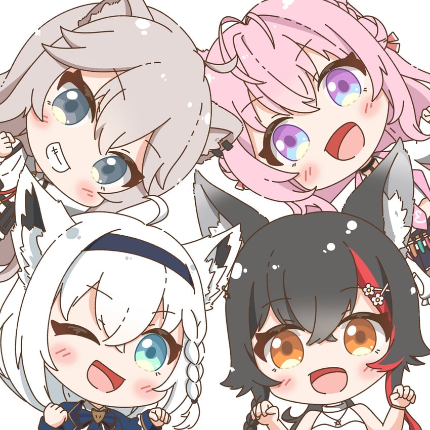 shirakami fubuki, ookami mio, shishiro botan, and hakui koyori (hololive) drawn by yogulppe
