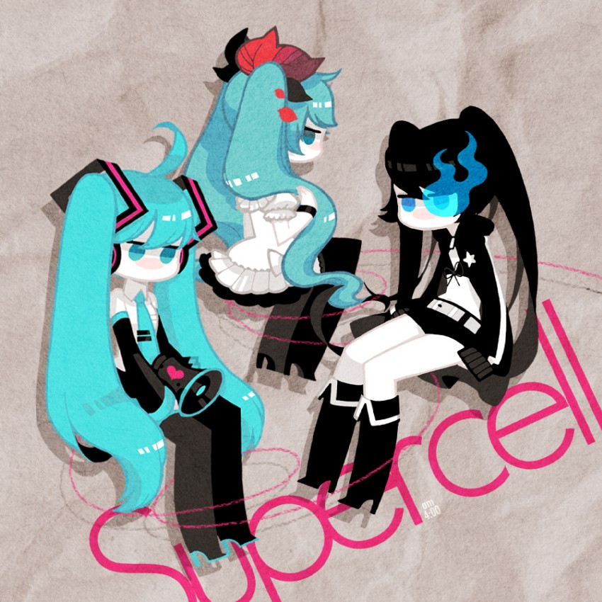 hatsune miku and black rock shooter (vocaloid and 3 more) drawn by gozen4ji