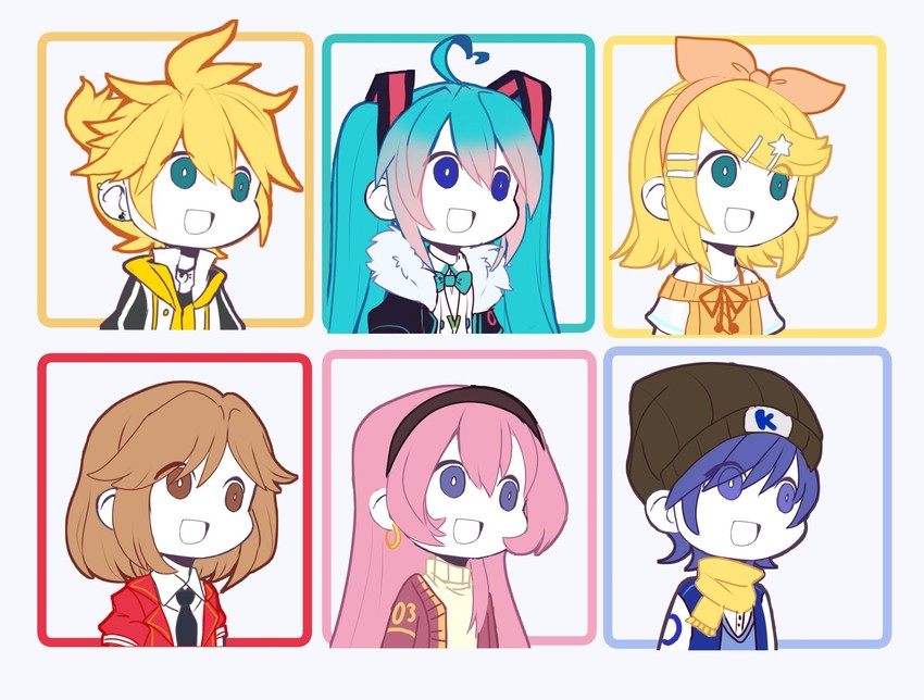 hatsune miku, kagamine rin, kagamine len, megurine luka, kaito, and 1 more (vocaloid and 1 more) drawn by starcircuits
