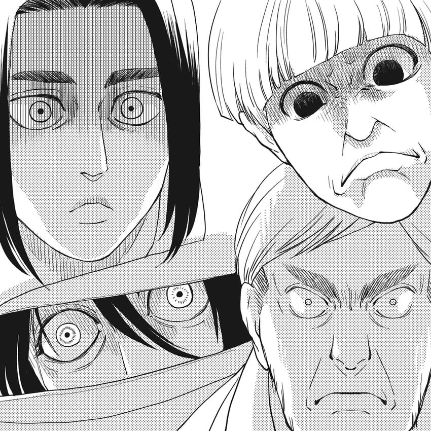 mikasa ackerman, eren yeager, erwin smith, and yelena (shingeki no kyojin) drawn by 4100