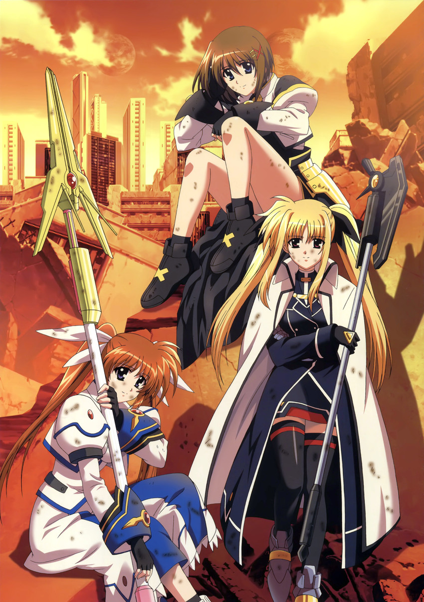 fate testarossa, takamachi nanoha, yagami hayate, raising heart, and bardiche (lyrical nanoha and 1 more) drawn by komori_atsushi