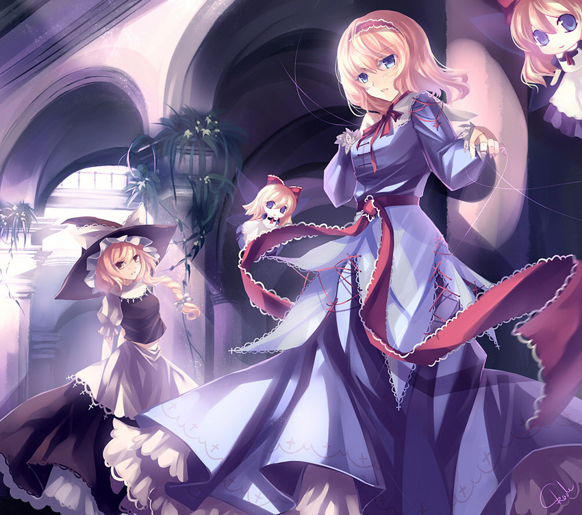 kirisame marisa, alice margatroid, and shanghai doll (touhou) drawn by skade