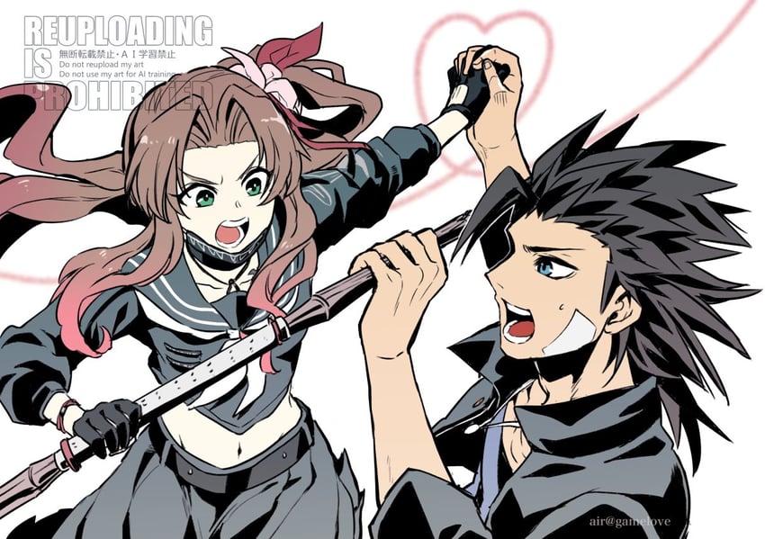 aerith gainsborough and zack fair (final fantasy and 2 more) drawn by aozora_airu