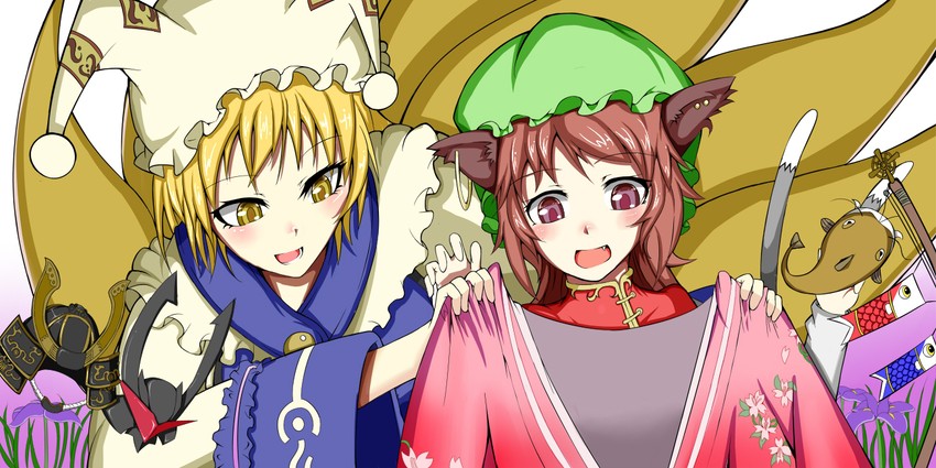 yakumo ran, chen, and namazu (touhou) drawn by ginko_(nico)