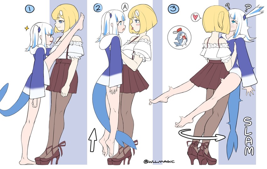 gawr gura, watson amelia, and bloop (hololive and 1 more) drawn by wllmagic