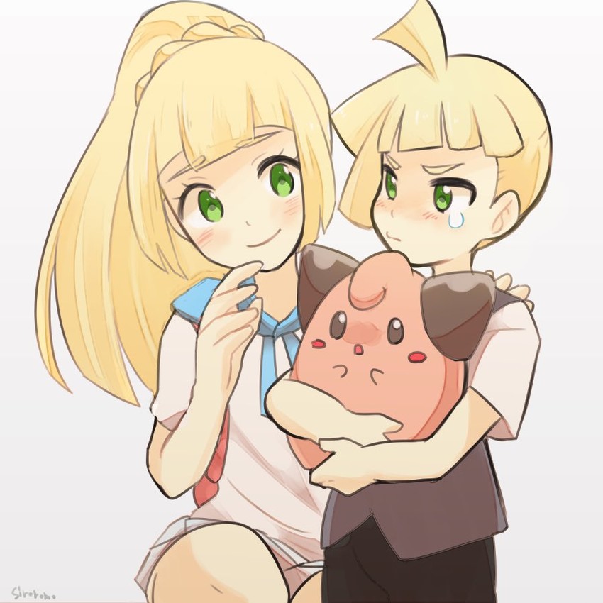 lillie, gladion, and cleffa (pokemon and 1 more) drawn by siroromo