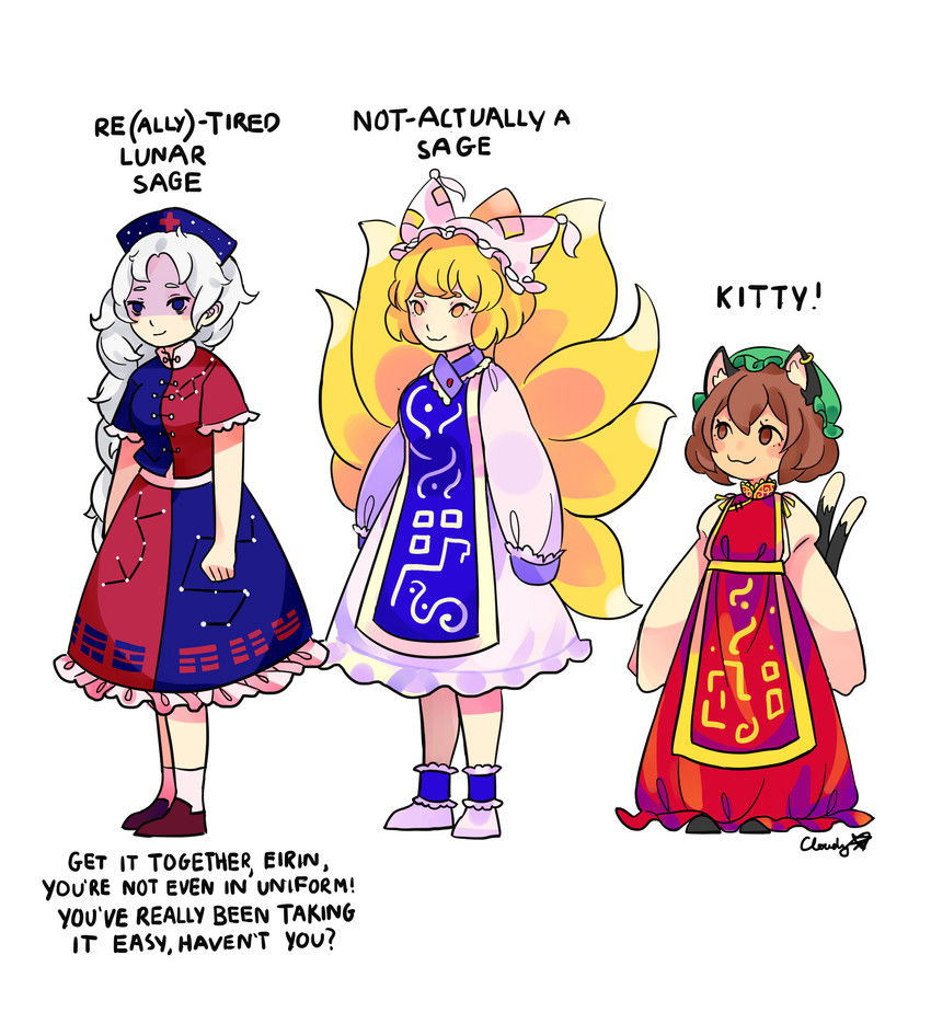 yakumo ran, chen, and yagokoro eirin (touhou) drawn by cloudytian