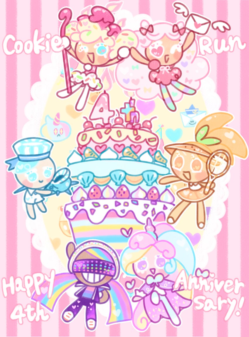 peppermint cookie, cotton candy cookie, cream unicorn cookie, orange cookie, birthday cake cookie, and 3 more (cookie run and 1 more) drawn by pastel_(cuuute_things)
