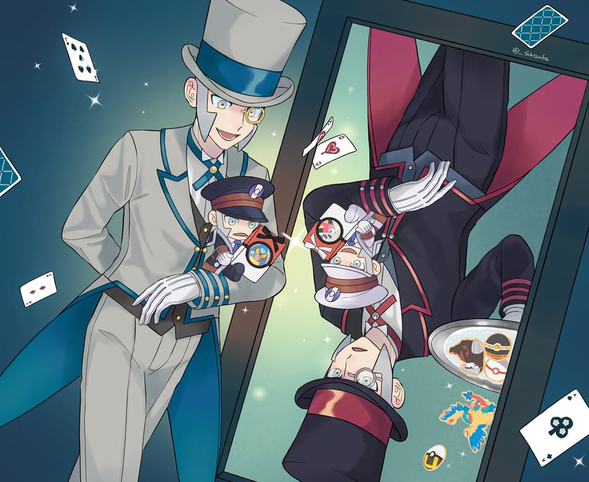 ingo, emmet, archeops, excadrill, karrablast, and 1 more (pokemon and 2 more) drawn by mamezara_(sakizuke)