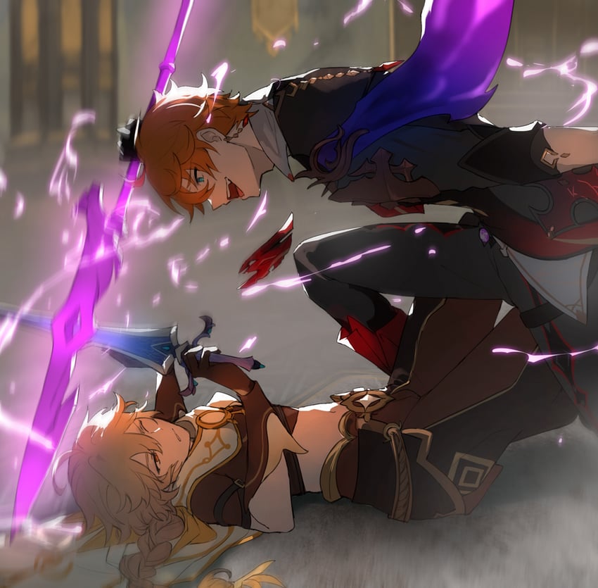 aether and tartaglia (genshin impact) drawn by blliqw