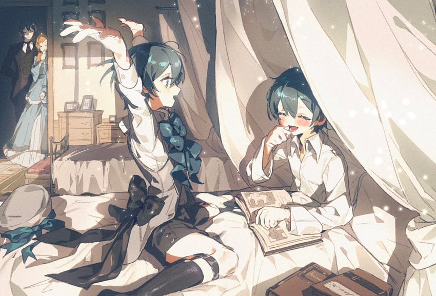 ciel phantomhive, ciel phantomhive's brother, vincent phantomhive, and rachel phantomhive (kuroshitsuji) drawn by blaaaaaberry