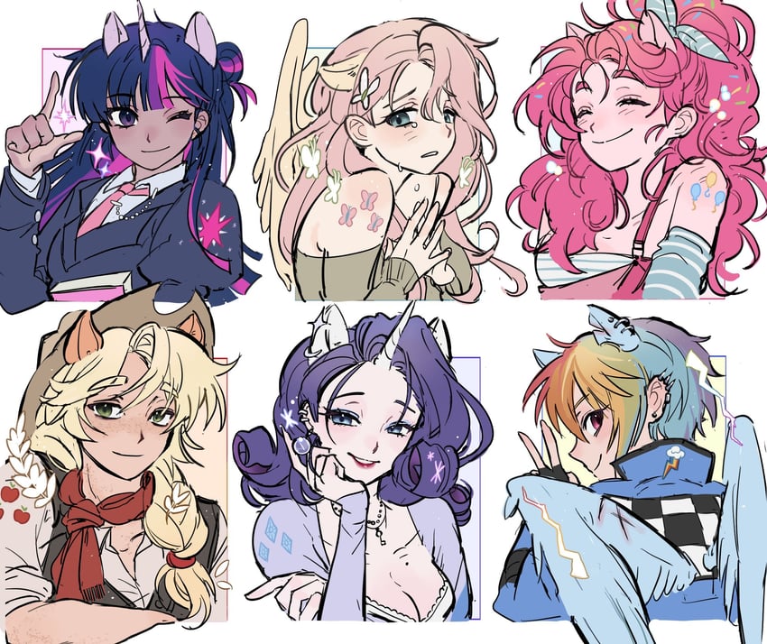 twilight sparkle, fluttershy, rainbow dash, pinkie pie, applejack, and 1 more (my little pony and 1 more) drawn by memoji_7672