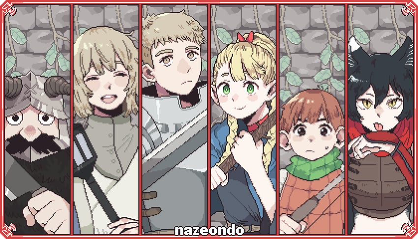 marcille donato, falin touden, laios touden, senshi, chilchuck tims, and 1 more (dungeon meshi) drawn by nazeondo