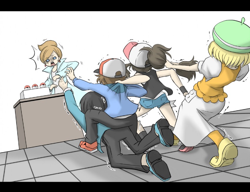 hilda, hilbert, bianca, cheren, and professor juniper (pokemon and 1 more) drawn by adzuki_anko