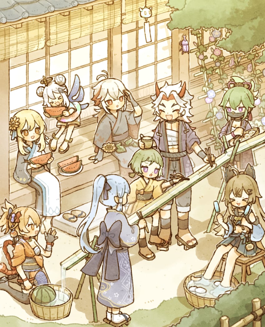 lumine, paimon, kamisato ayaka, kaedehara kazuha, yoimiya, and 6 more (genshin impact) drawn by shionosuke