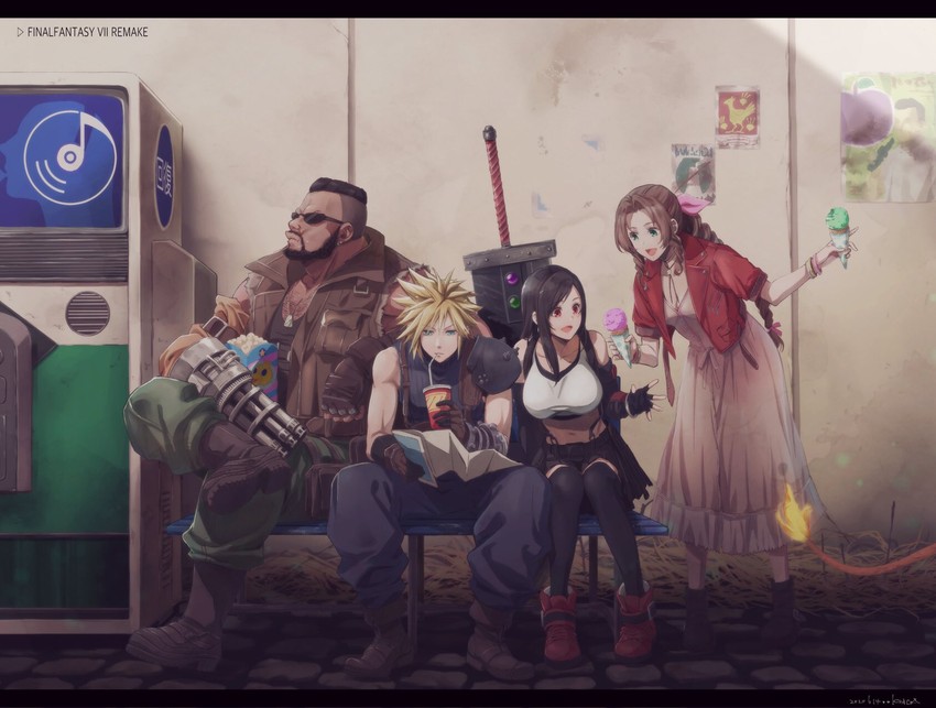 tifa lockhart, cloud strife, aerith gainsborough, barret wallace, and red xiii (final fantasy and 2 more) drawn by kinaco_mch