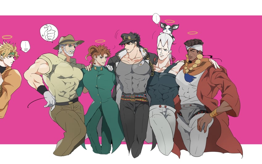 joseph joestar, kujo jotaro, dio brando, kakyoin noriaki, jean pierre polnareff, and 2 more (jojo no kimyou na bouken and 1 more) drawn by erk_(okra_ecory)