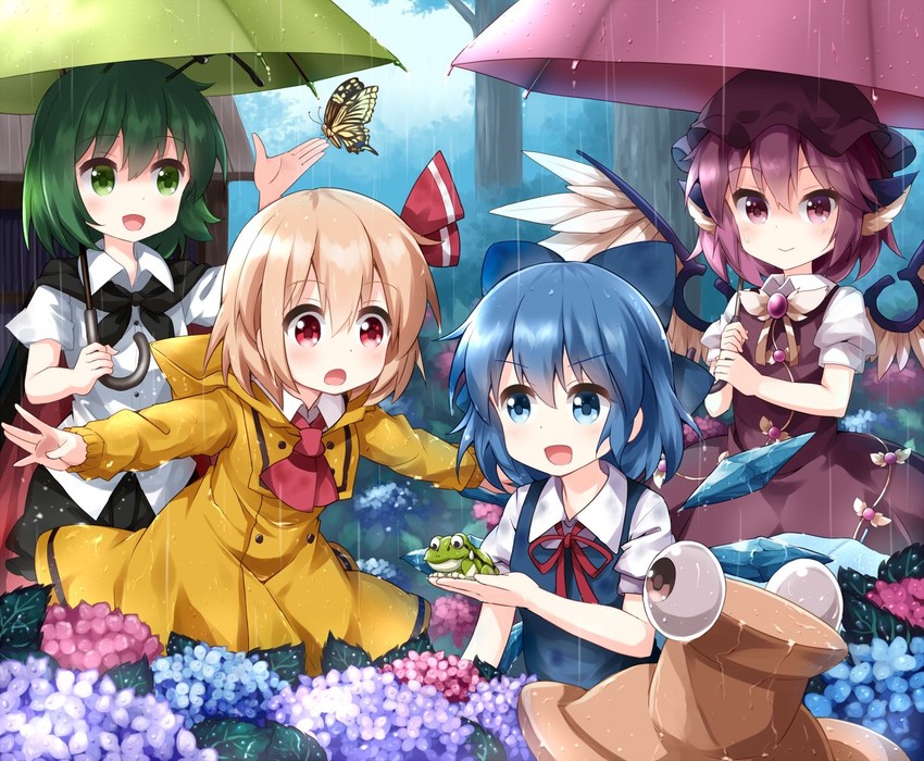 cirno, rumia, mystia lorelei, wriggle nightbug, and pyonta (touhou) drawn by ruu_(tksymkw)
