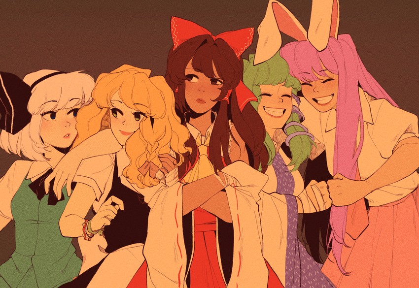 hakurei reimu, kirisame marisa, kochiya sanae, konpaku youmu, and reisen udongein inaba (touhou) drawn by pixie_(milkywaypixies)