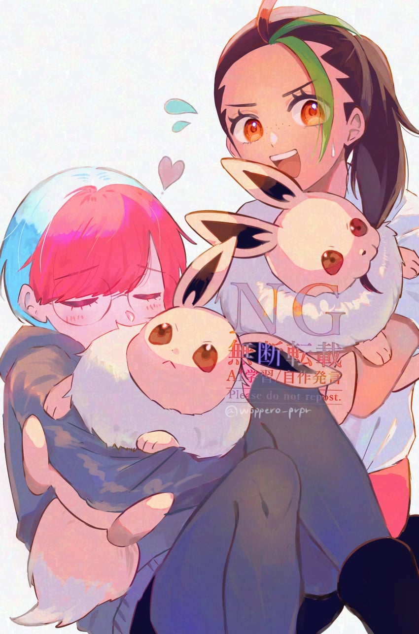 eevee, nemona, and penny (pokemon and 1 more) drawn by woppero_prpr