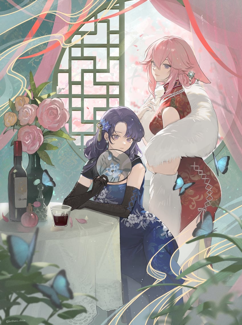 raiden shogun and yae miko (genshin impact) drawn by kushami_deso