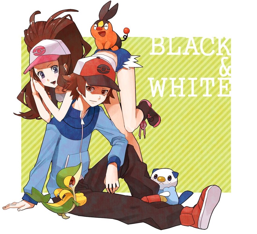 hilda, hilbert, oshawott, snivy, and tepig (pokemon and 1 more) drawn by gum_(gmng)