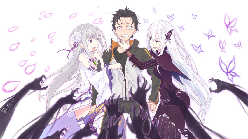 emilia, natsuki subaru, and echidna (re:zero kara hajimeru isekai seikatsu and 1 more) drawn by pieindisguise