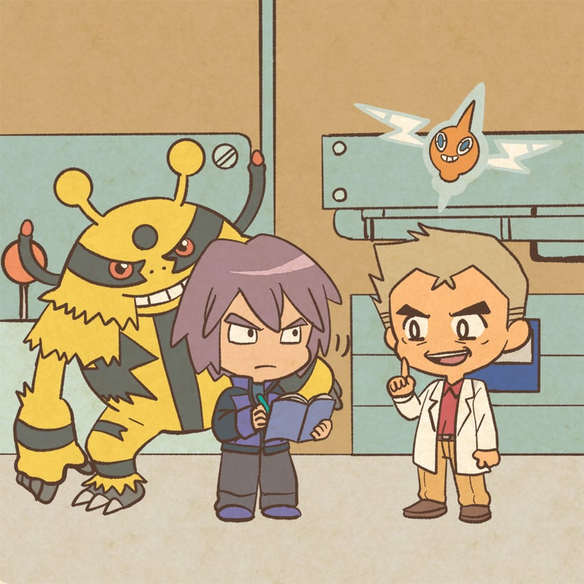 rotom, professor oak, paul, and electivire (pokemon and 1 more) drawn by mojacookie
