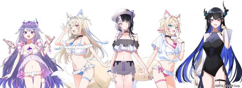 shiori novella, nerissa ravencroft, fuwawa abyssgard, mococo abyssgard, and koseki bijou (hololive and 1 more) drawn by aneco_(westsea1227)