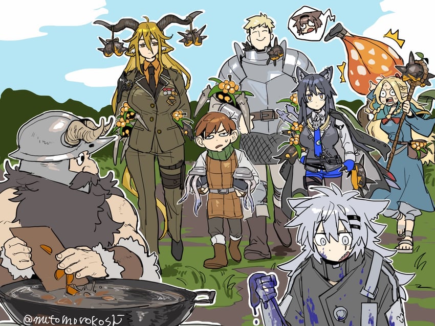 texas, lappland, marcille donato, laios touden, senshi, and 5 more (arknights and 1 more) drawn by mutomorokoshi