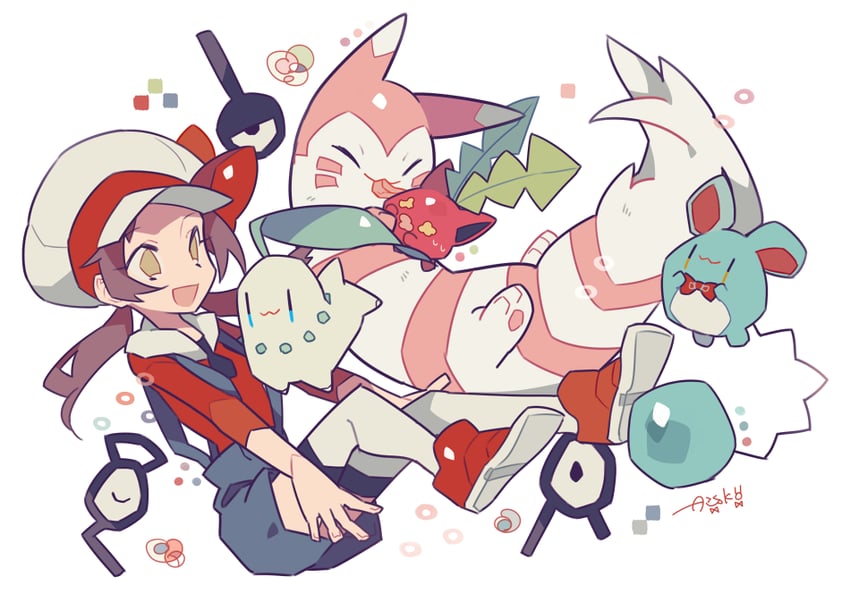 lyra, chikorita, furret, marill, hoppip, and 4 more (pokemon and 1 more) drawn by auko