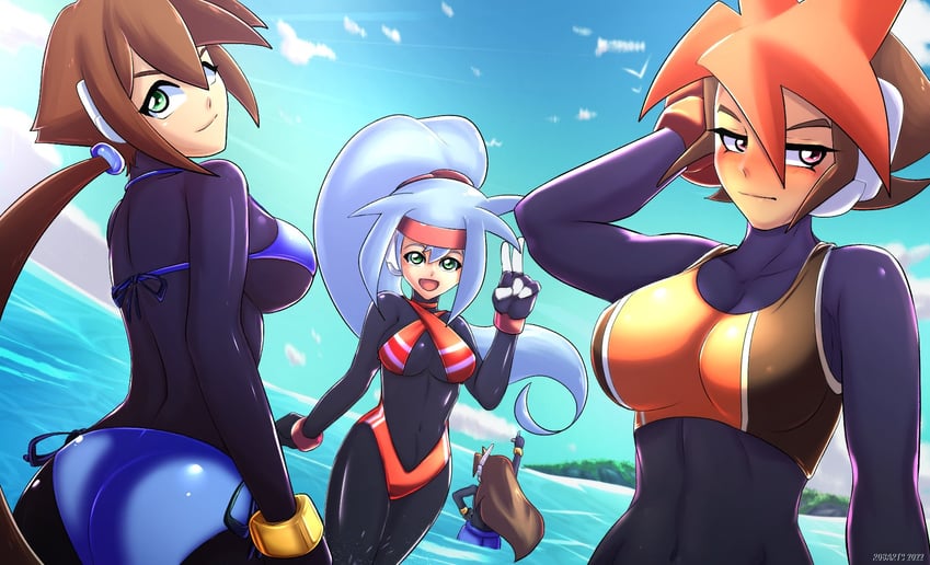 aile, ashe, vent, and atlas (mega man and 4 more) drawn by axasempai