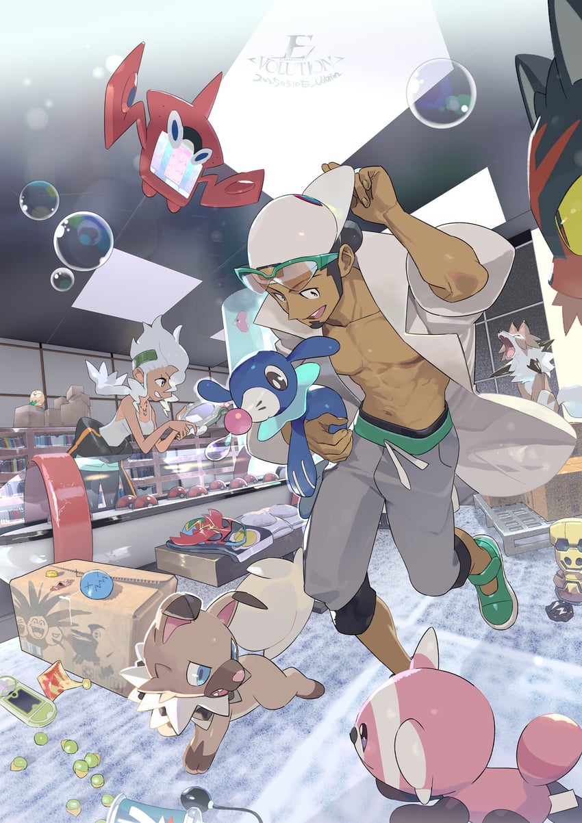 rotom, rowlet, popplio, litten, lycanroc, and 8 more (pokemon and 1 more) drawn by e_volution