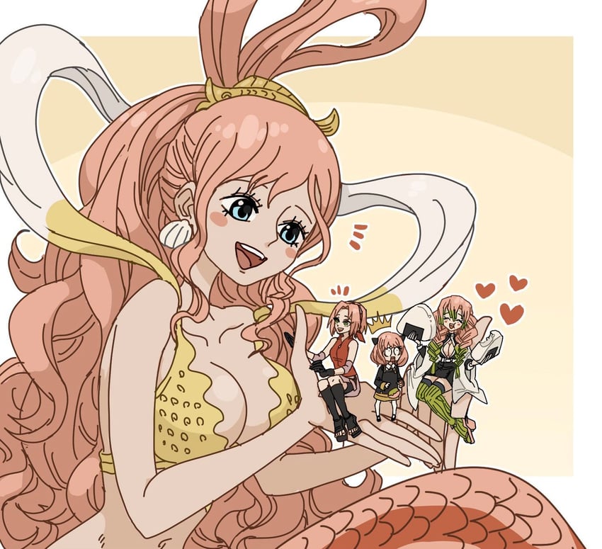 anya, haruno sakura, kanroji mitsuri, and shirahoshi (one piece and 3 more) drawn by labell_xx