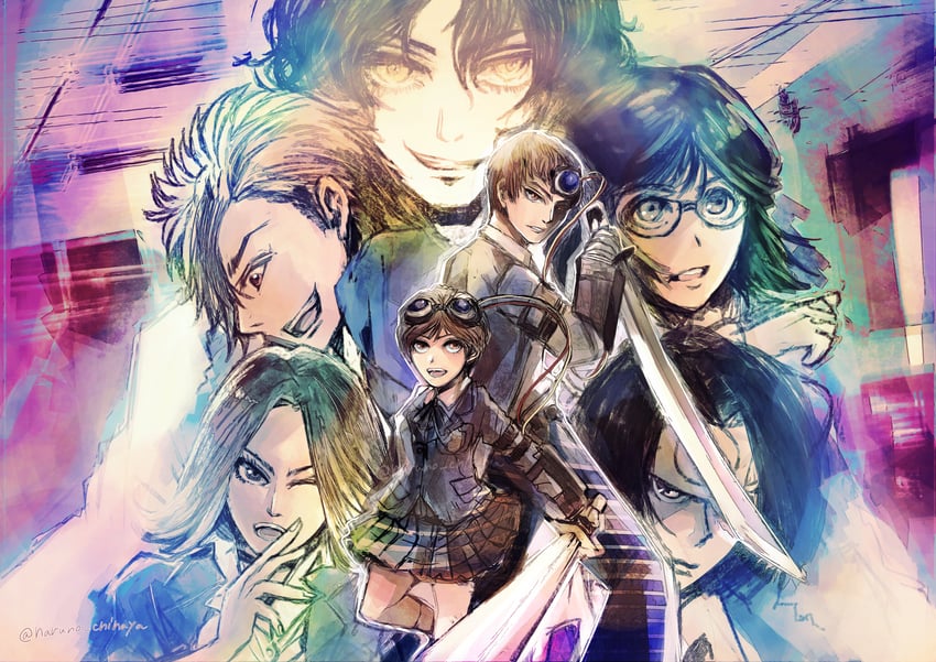 uchida tamaki, hazama ideo, miyamoto akira, male protagonist, shirakawa yumi, and 2 more (shin megami tensei and 1 more) drawn by a_withered_flower