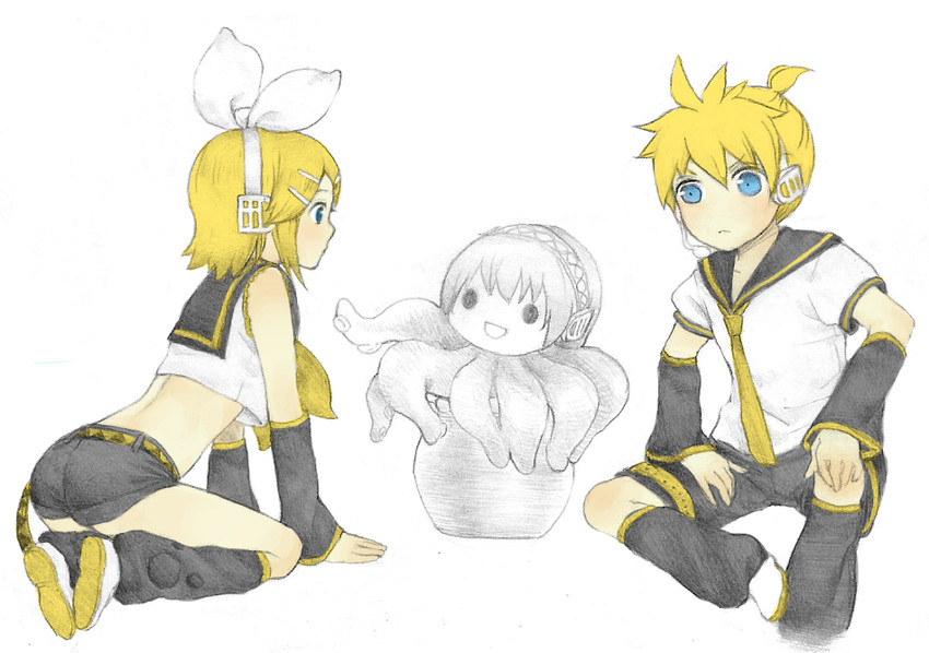 kagamine rin, kagamine len, megurine luka, and takoluka (vocaloid) drawn by feeno