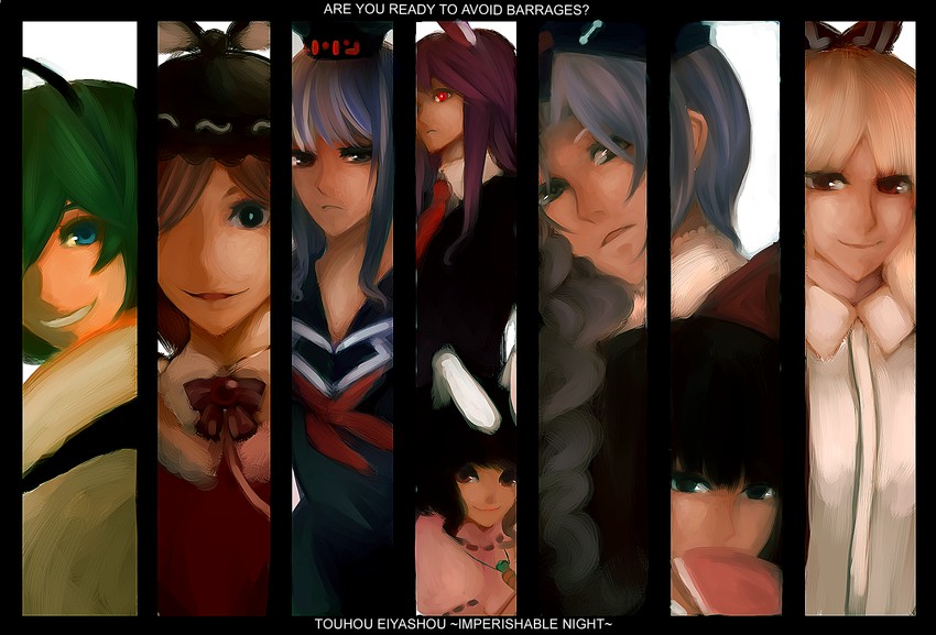 reisen udongein inaba, fujiwara no mokou, kamishirasawa keine, houraisan kaguya, mystia lorelei, and 3 more (touhou and 1 more) drawn by slvtr