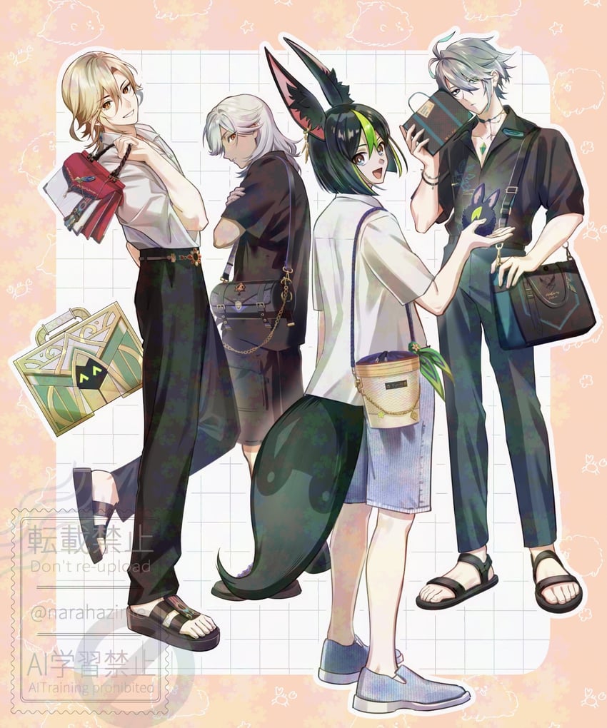 alhaitham, tighnari, kaveh, cyno, and mehrak (genshin impact) drawn by narahazime