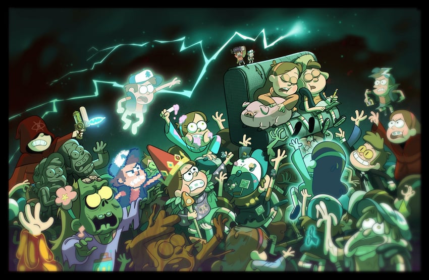 mabel pines, dipper pines, bill cipher, waddles, bipper, and 1 more (gravity falls and 1 more) drawn by ian_worrel and joe_pitt