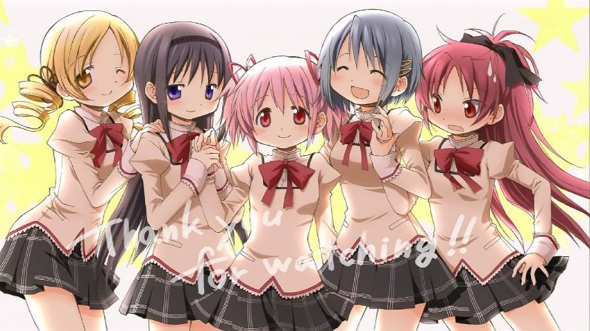 akemi homura, kaname madoka, miki sayaka, sakura kyoko, and tomoe mami (mahou shoujo madoka magica) drawn by aoki_ume