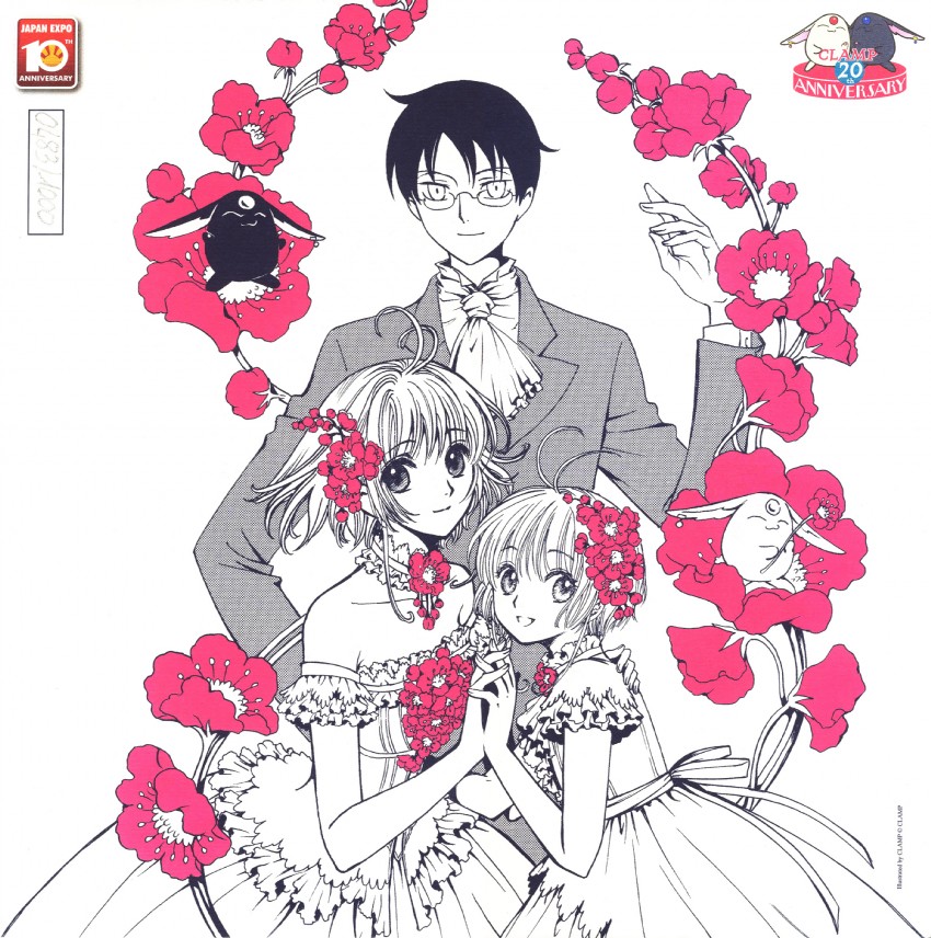 kinomoto sakura, mokona, sakura hime, and watanuki kimihiro (cardcaptor sakura and 2 more) drawn by clamp_(circle)