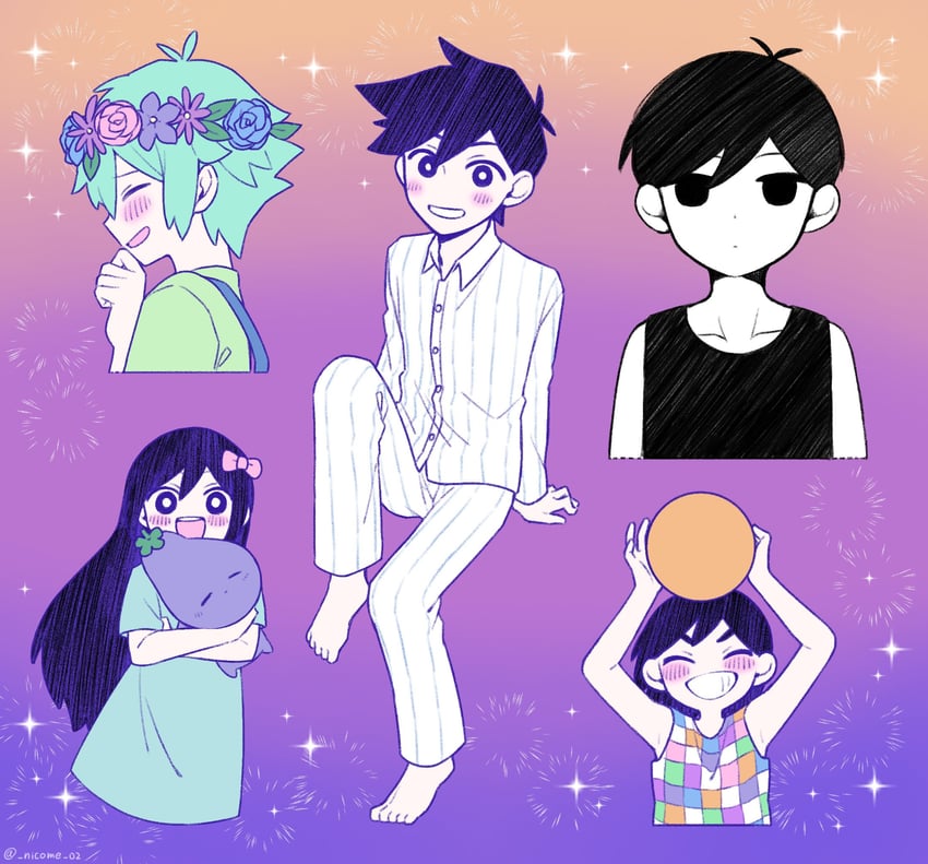 omori, basil, aubrey, kel, hero, and 1 more (omori) drawn by nicome_02
